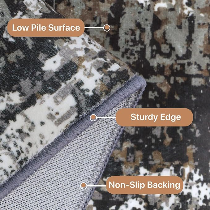 GENIMO Washable Area Rugs for Living Room Bedroom, 8x10 Modern Abstract Non Slip Rug, Low Pile Soft Contemporary Indoor Floor Carpet Cover for Dinning Room Kitchen, Black