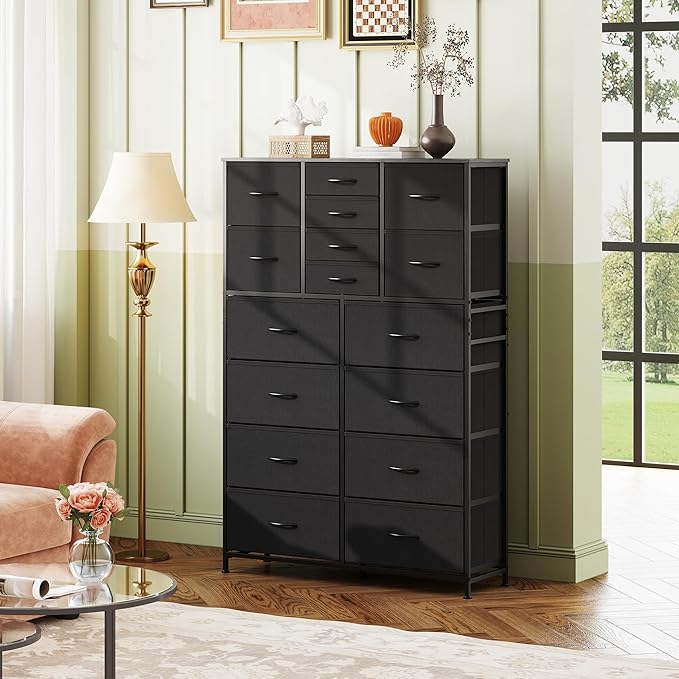 WLIVE Tall Console Table with 16 Fabric Drawers, Entryway Table with Storage, Large Storage Organizer with Wood Top, Steel Frame for Living Room, Hallway, Office, Charcoal Black