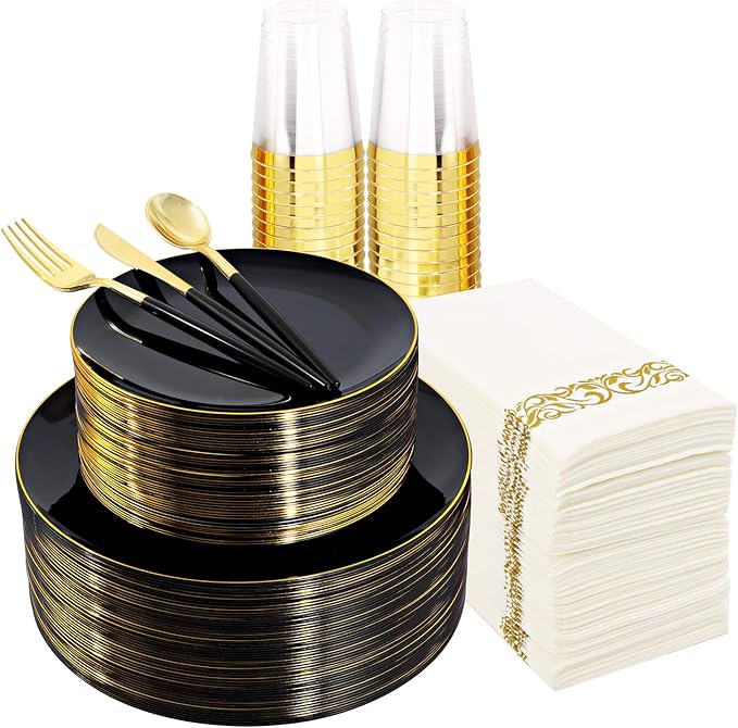Supernal 350pcs Black Plastic Dinnerware Set,Black Plastic Plates with Gold Rim,Black and Gold Plastic Plates,Gold Plastic Silverware,Wedding Party Plates,Plastic Cups with Gold Rim for Christmas