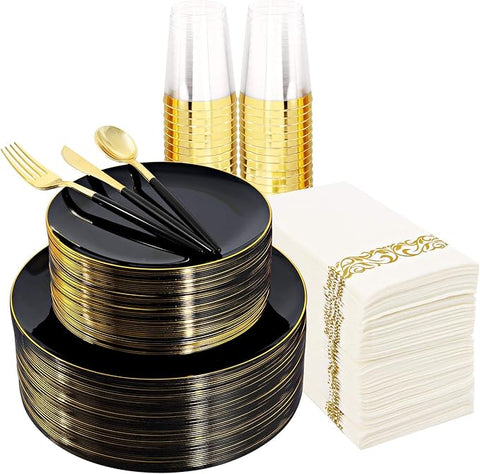 Supernal 350pcs Black Plastic Dinnerware Set,Black Plastic Plates with Gold Rim,Black and Gold Plastic Plates,Gold Plastic Silverware,Wedding Party Plates,Plastic Cups with Gold Rim for Christmas