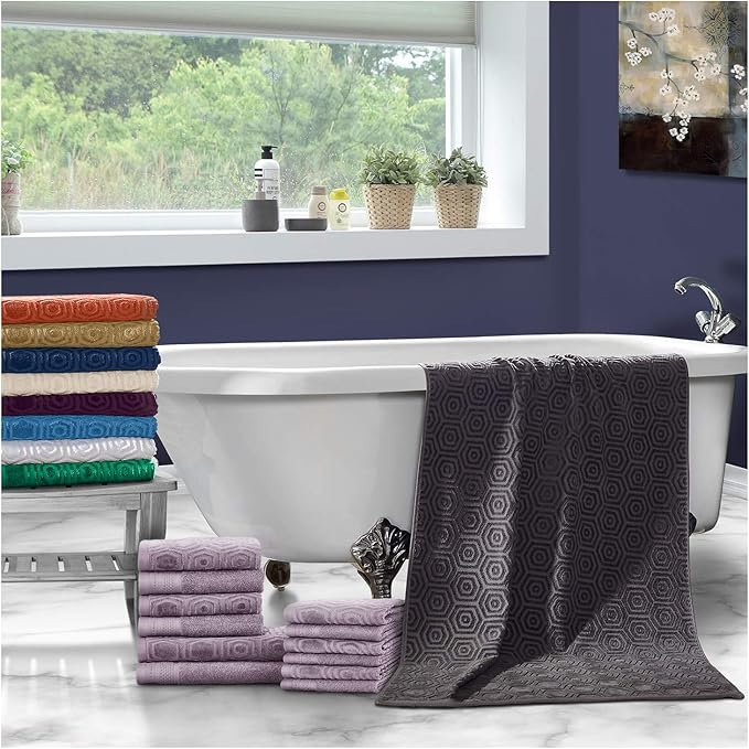 Superior Honeycomb 100% Cotton 500 GSM 12 Piece Bath Towel Set, 6 Washcloths, 4 Hand, 2 Bath Towels, Ideal for Bathroom, Kitchen or Beach, Quick Dry, Jacquard and Solid, Mid-Weight, Black