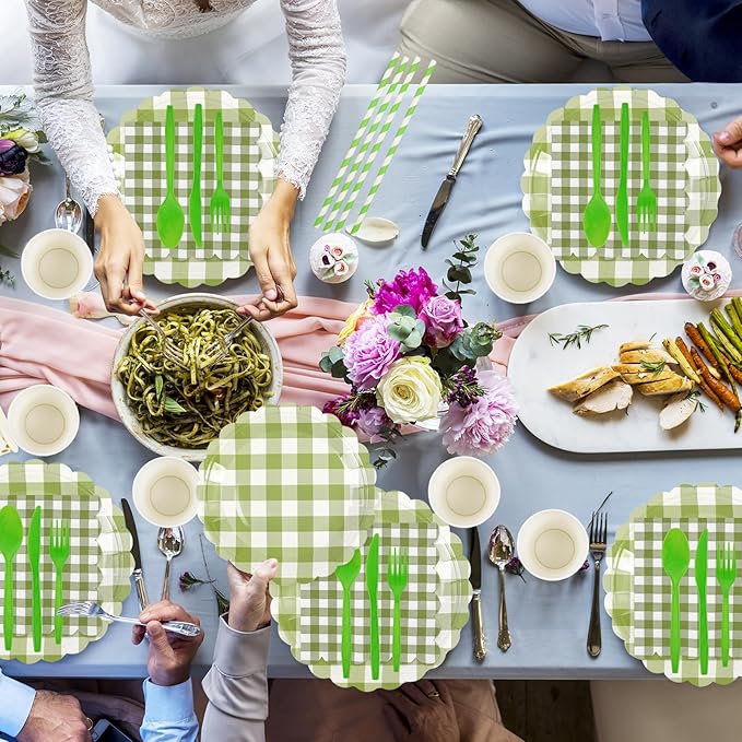 400PCS Sage Green Gingham Party Supplies, Scalloped Disposable Tableware Set Includes Paper Plates Napkins Cups Straws Forks Knives Spoons for Baby Shower Birthday Wedding Decorations, Serve 50
