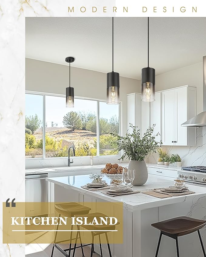 2-Pack Pendant Lights Kitchen Island, Hanging Lights Fixtures with Cylinder Black Gradient Glass, Modern Kitchen Pendant Lighting Over Island for Dining Room, AD-24023-1P2-BK-SM