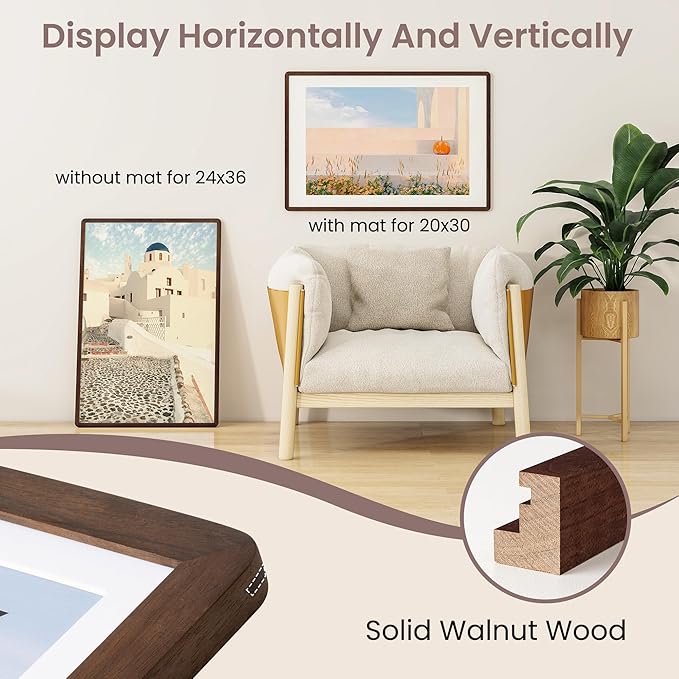 24x36 Poster Frame - Solid Walnut Wood 24 x 36 Picture Frame, 24x36 Poster Frame With Mat For 20x30, Tempered Glass and Hanging Hardware Included, 36 By 24 Photo Frame Wood, Natural Walnut