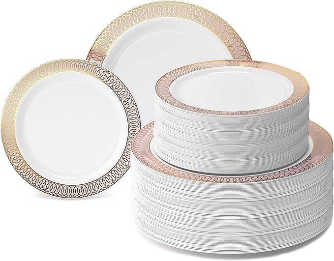 " OCCASIONS " 240 Plates Pack,(120 Guests) Premium Premium Wedding Party Disposable Plastic Plates Set -120 x 10'' Dinner + 120 x 7.5'' Salad/Dessert Plate (Venice Blush and Gold)