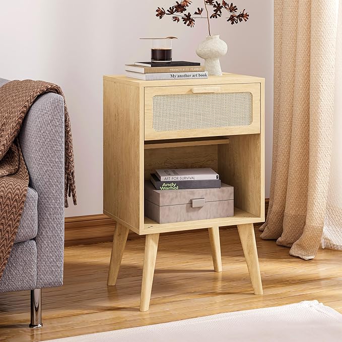 Rattan Nightstand with Opening Storage,Boho Bedside Table with Drawer,Wood Nightstand with Solid Wood Legs,End Side Table for Living Room,Bedroom,Small Space Natural CTG62Y