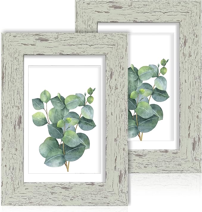 4x6 Picture Frame Set of 2, Made of Real Glass and Sage Green Wooden Frame - Display Pictures 3.5x5 with Mat or 4x6 Without Mat, 4 by 6 Photo Frame for Wall or Tabletop Display