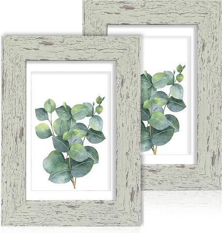 4x6 Picture Frame Set of 2, Made of Real Glass and Sage Green Wooden Frame - Display Pictures 3.5x5 with Mat or 4x6 Without Mat, 4 by 6 Photo Frame for Wall or Tabletop Display