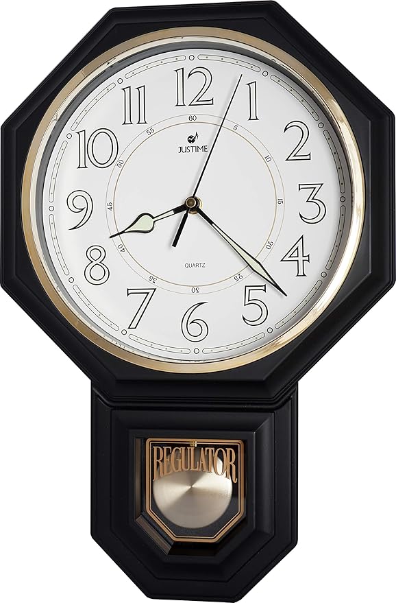 JUSTIME Traditional Schoolhouse Luminious Arabic Regulator Wall Clock, Chiming Wall Clocks with Pendulum & Westminster Chime Hourly, Schoolhouse Wall Decor Battery Operated (Matte Black)