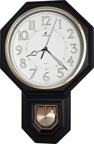 JUSTIME Traditional Schoolhouse Luminious Arabic Regulator Wall Clock, Chiming Wall Clocks with Pendulum & Westminster Chime Hourly, Schoolhouse Wall Decor Battery Operated (Matte Black)