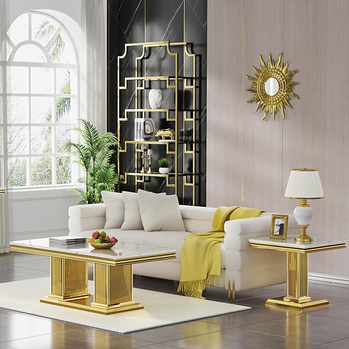 SSLine Modern White Faux Marble End Table Luxury Square Sofa Side Table with Gold Pedestal Base Mid-Century Elegant Bedside Table w/Mirrored Stainless Steel Frame for Living Room Bedroom