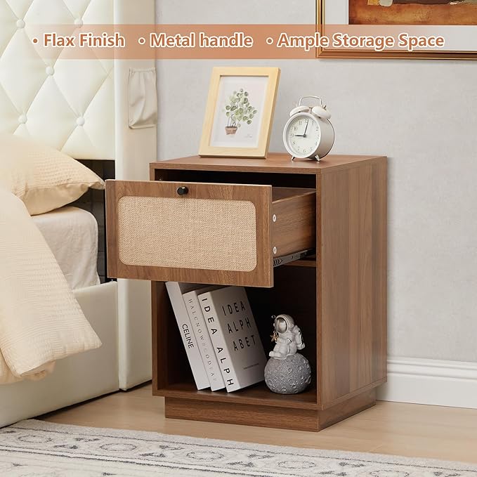 AVZEAR Mid Century Night Stand with Drawer, Farmhouse End Table with Storage & Curved Linen Panel, Modern Nightstands Bedside Table Small Side Tables for Small Space, Bedroom(Walnut)