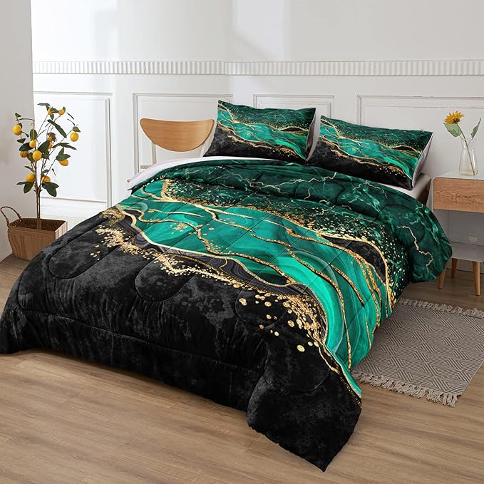 Green Gold King Size Comforter Set, Black Marble Bedding Set, Emerald Green King Bed Comforter Set Abstract Home Decor