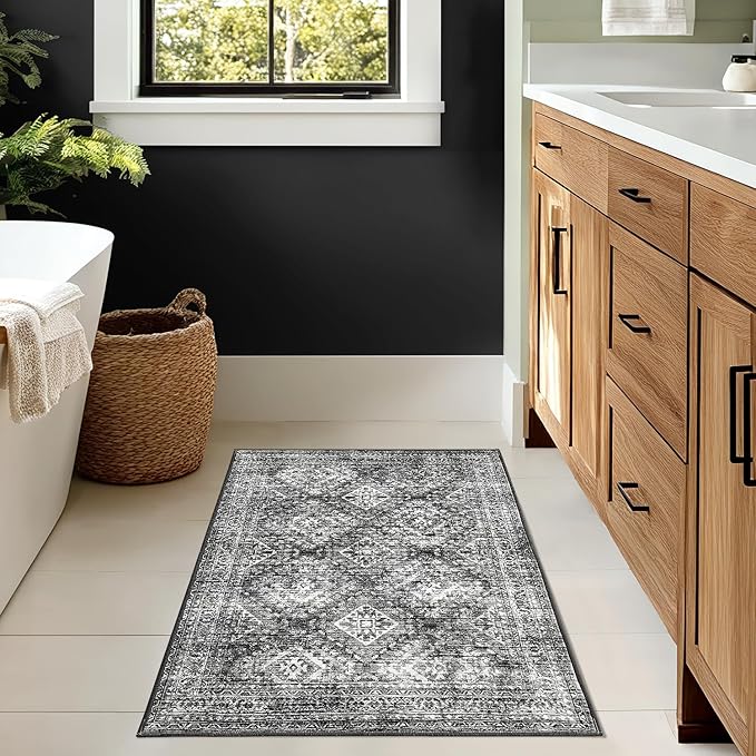 MIULEE 2x3 Washable Entry Rug Door Mat Indoor Entrance, Small Rug for Kitchen Bathroom Bedroom, Non-Slip Stain Resistant Throw Carpet Boho Entryway Decor, Black