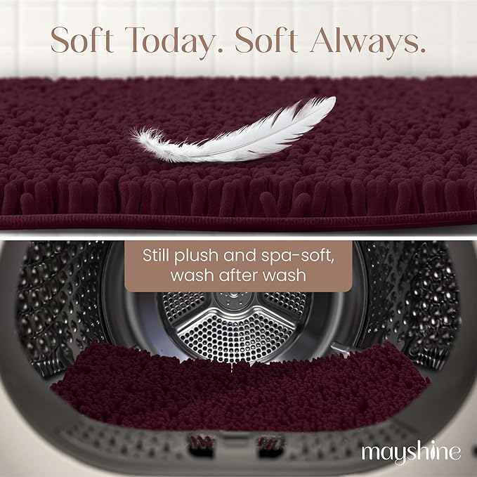 MAYSHINE Plush Shaggy Chenille Bath Mat | Extra Soft, Super Absorbent, Non-Slip Bathroom Rug | Fluffy Microfiber, Area Rug Sets for Bathroom Floor, Kitchen, Living Room | 32"x20" | Burgundy