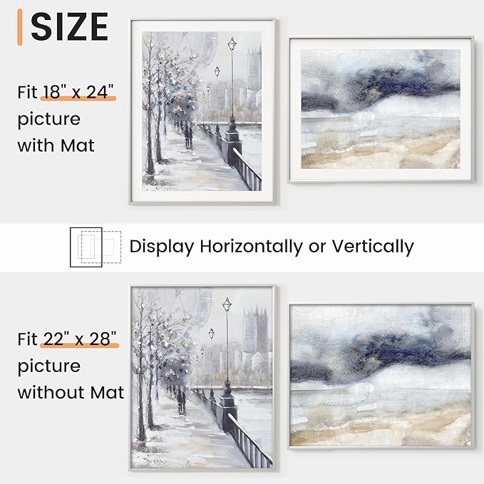 22x28 inch Metal Poster Frame - 22 x 28 Thin Aluminum Picture Frames Matted for 18x24 Photos, Artworks, Prints, Puzzle - High Definition Plexiglass - Vertical and Horizontal Display - Wall Hook Hanging Hardware Included - Silver, Set of 1