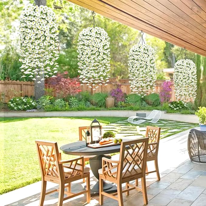 TOCHGREEN Artificial Faux Hanging Flowers Plants Basket for Spring Summer Outdoor Decor,2PCS Fake Silk Morning Glory Vines in Planter UV Resistant for Home Porch Balcony Yard (White)