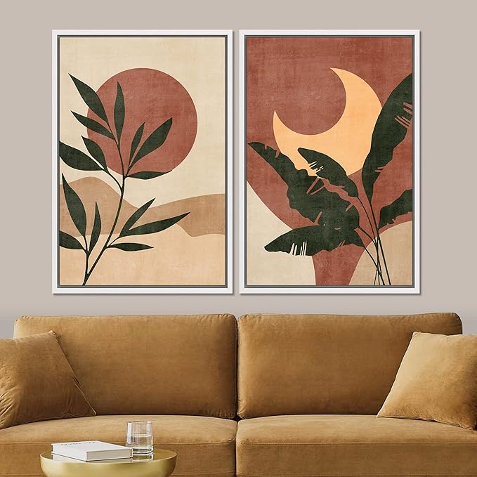 SIGNFORD Framed Canvas Print Wall Art Set Sun & Moon Mid-Century Desert Plants Abstract Shapes Illustration Modern Art Decorative Nordic Nature for Living Room, Bedroom, Office - 16"x24"x2 White