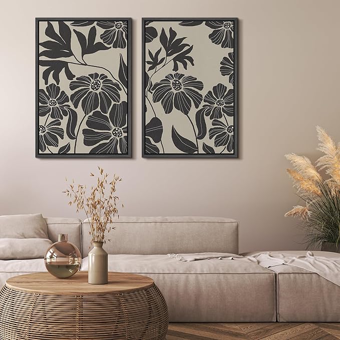 MUDECOR Framed Canvas Print Wall Art Monochrome Floral Botanical Black and White Illustrations Modern Art Decorative Bohemian Colorful Chic for Living Room, Bedroom, Office - 16"x24"x2 Black