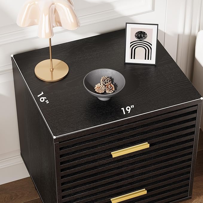 Alohappy Nightstands, Mid Century Modern Night Stands, Fluted Bedside Table for Bedroom, End Table with Storage Drawers, Vintage Bed Side Table Wood Accent Table for Living Room, Black 1pc
