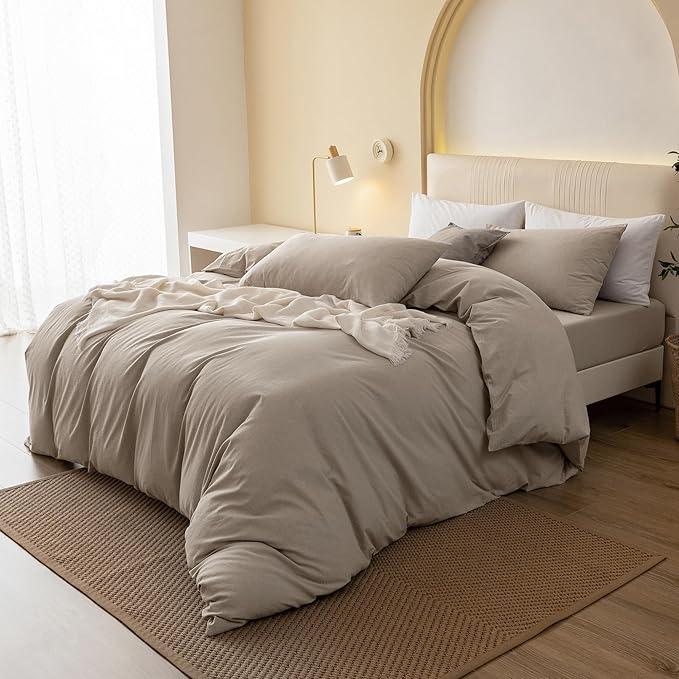 JIYUAN 100% Washed Cotton Duvet Cover Set 3 PCS Cal King, 1 Duvet Cover 104"x98" (Comforter Not Included) and 2 Pillowcases,Linen Feel Bedding Set Comfy and Breathable, Heathered Tannish Linen Grey