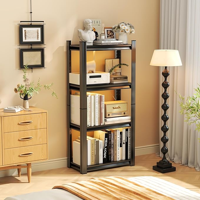 Tall Bookshelf with Open Shelves, Metal Office Book Shelf, Adjustable Organizer Bookcase, Standing Storage Organizer Shelf for Living Room (31.5" W*13.8" D*59" H)