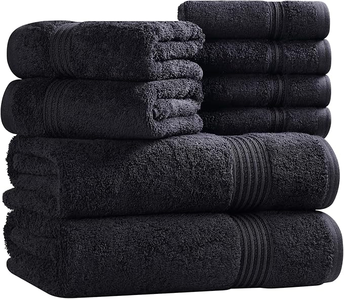 Superior Egyptian Cotton 8-Piece Towel Set, Assorted Towels for Home Bathroom, Guest Bath Decor Essentials, Includes 2 Bath, 4 Hand, 2 Face Towels/Washcloths, Quick Dry, Absorbent, Black