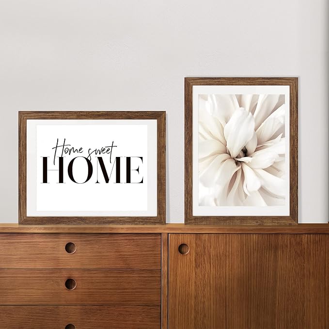 12x16 Picture Frame Set of 2, Rustic Brown Wood Style - Display 12 x 16 Poster without Mat or 11x14 Picture with Mat, Wall Mounting Horizontal and Vertical