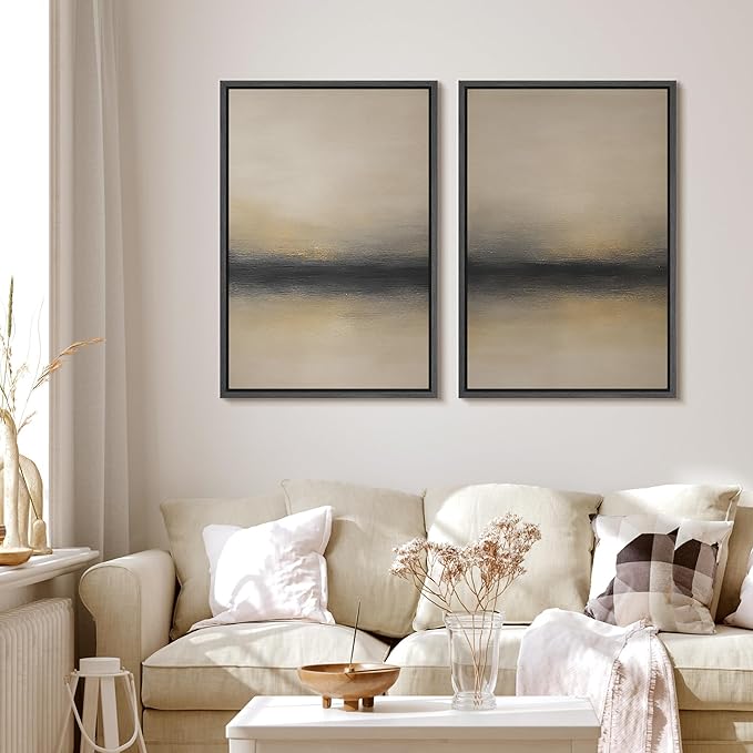 MUDECOR Framed Canvas Print Wall Art Abstract Sunset Horizon Modern Minimalist Beige and Black Illustrations Modern Art Decorative Bohemian Colorful for Living Room, Bedroom, Office - 24"x36"x2 Black
