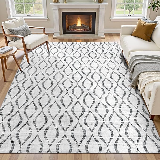 WITSHOCK 7x9 Grey Living Room Rug - Boho Soft Modern Geometric Low Pile Print Pattern Rug for Bedroom Dining Room, Large Thin Indoor Carpet for Nursery Playroom Decor, Kid & Pet Friendly