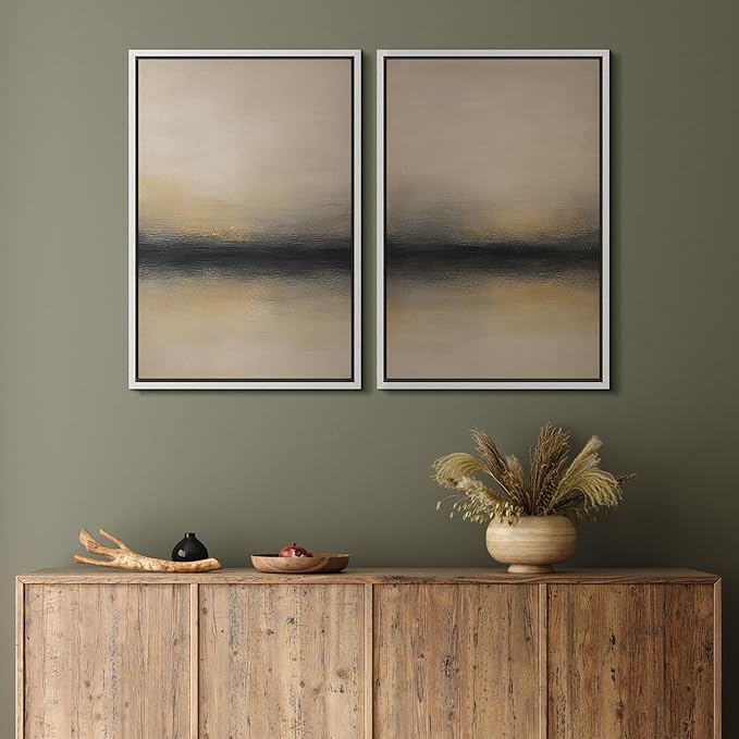 MUDECOR Framed Canvas Print Wall Art Abstract Sunset Horizon Modern Minimalist Beige and Black Illustrations Modern Art Decorative Bohemian Colorful for Living Room, Bedroom, Office - 16"x24"x2 White