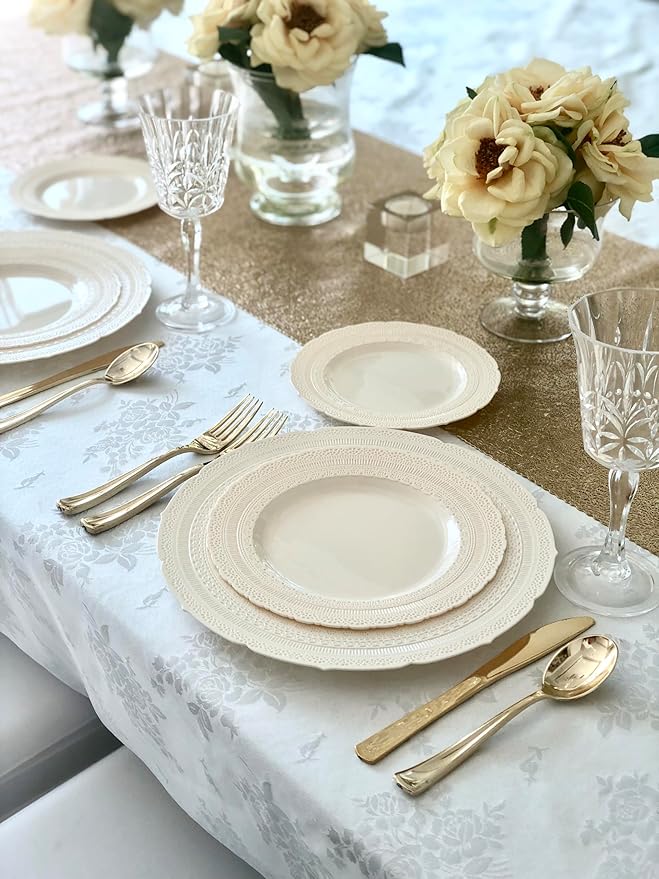 " OCCASIONS " 240 Plates Pack,(120 Guests) Extra Heavyweight Vintage Wedding Disposable/Reusable Plastic Plates 120x 11'' Dinner + 120 x 8.25'' Salad/Dessert Plate (Chateau Ivory)