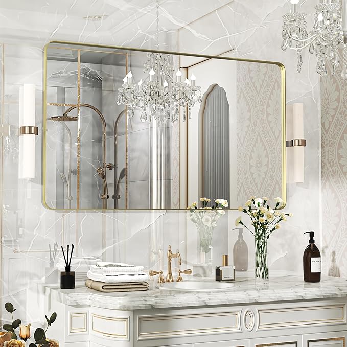 50×30 Glod Bathroom Mirror, Rectangular Bathroom Vanity Mirror for Wall with Rounded Corners & Aluminum Alloy Frame, Tempered-Glass, Modern, Farmhouse, Horizontal/Vertical, Entryway, Bedroom