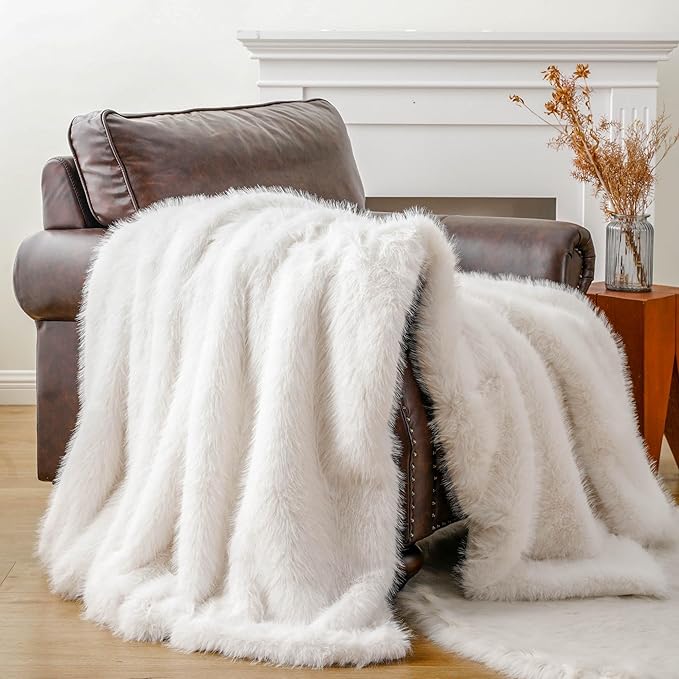 BATTILO HOME Luxury White Fluffy Faux Fur Throw Blanket, Large Fur Blankets and Throws for Couch, Bed, Super Soft Cozy Warm Plush Fuzzy Fur Throws with Long Pile, 60"x80" (Ivory)