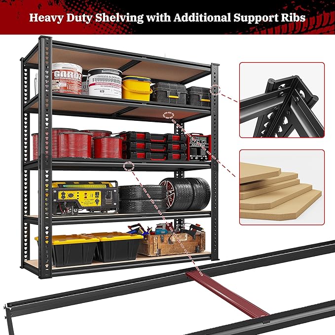 REIBII 40" W Garage Shelving 2500LBS Storage Shelves 72" H Metal Shelving 5 Tier Metal Shelves Adjustable Pantry Shelf for Garage Closet Kitchen Basement 40" W x 19.7''D x 72''H