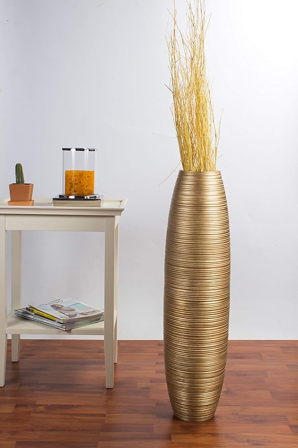 Leewadee Large Gold Home Decor Floor Vase – Wooden 26 inches Tall Farmhouse Decor Flower Holder for Fake Plant and Pampas Grass
