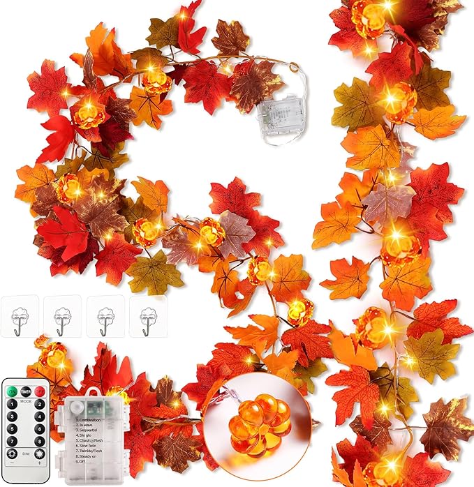 VIHOSE 2 Pack Thanksgiving Maple Leaves Garland Fall Decor 11.5 ft 40 LED with Pumpkin Lights Battery Operated and Timer Remote for Home Thanksgiving Halloween Decor(Colorful)
