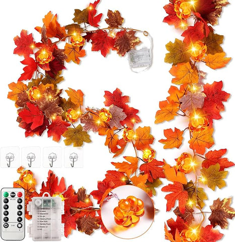 VIHOSE 2 Pack Thanksgiving Maple Leaves Garland Fall Decor 11.5 ft 40 LED with Pumpkin Lights Battery Operated and Timer Remote for Home Thanksgiving Halloween Decor(Colorful)