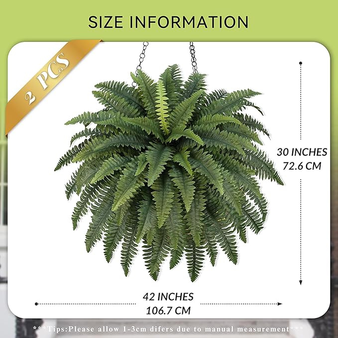 Fake Ferns, 42IN Large Fake Bush Plants, 2 Artificial Ferns with 65 Fronds for Outdoor Hanging Planter Home Decor, Realistic Maintenance-Free Greenery