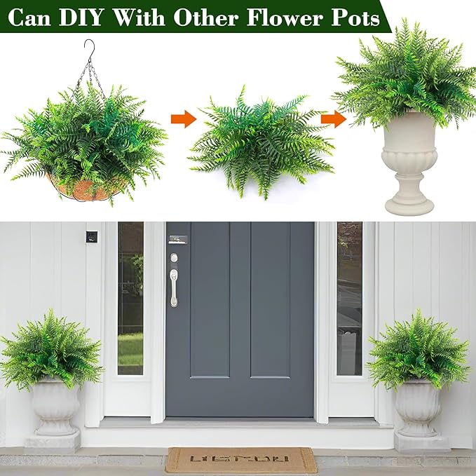 Hananona 2 Set Artificial Hanging Plants Outdoor Fake Hanging Ferns Planter, UV Resistant Faux Fern Plant Basket for Outdoors Patio Garden Home Decor (2, Green)