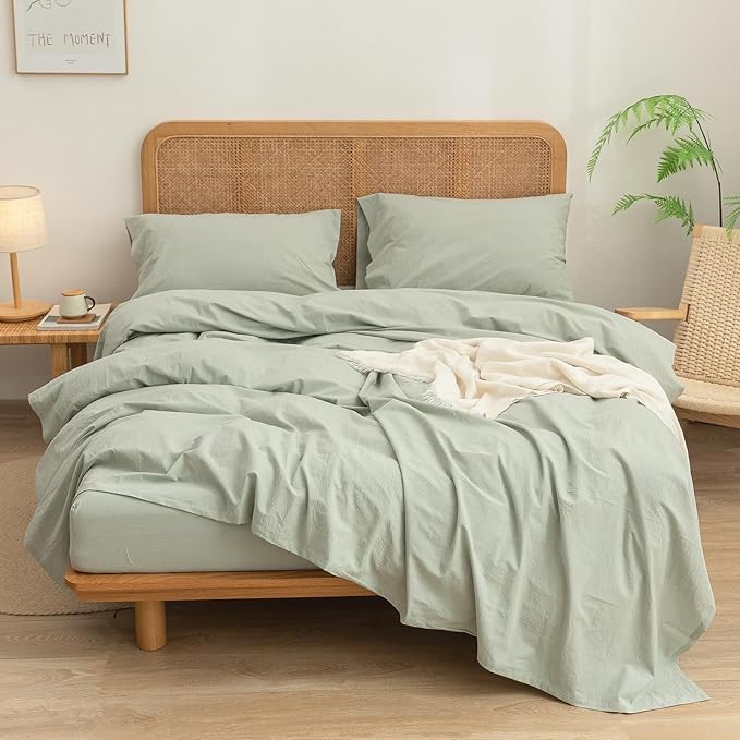 BESTOUCH Sheet Set 100% Washed Cotton Linen Feel Super Soft Comfortable Chic Lightweight 4 Pcs Home Bedding Set Solid Sage Green Cal King