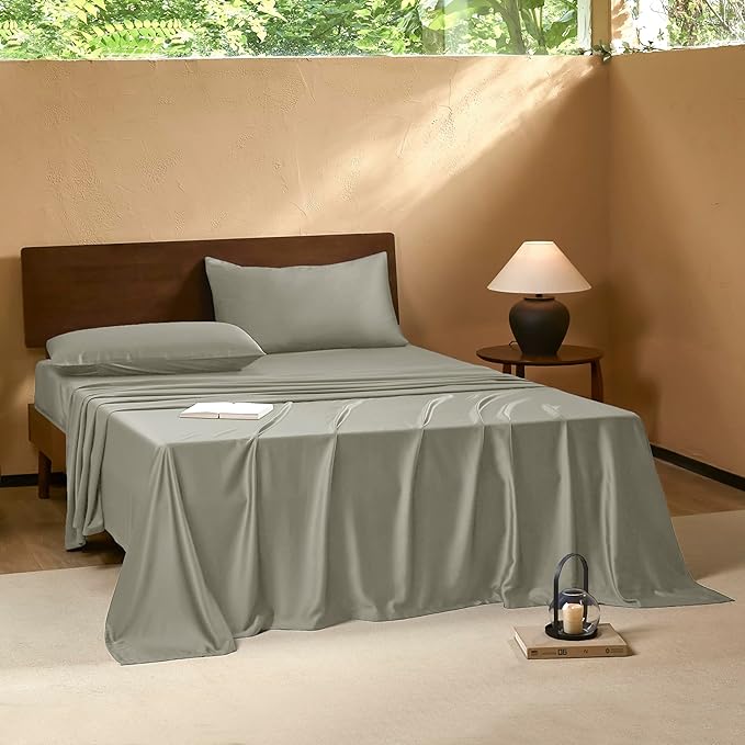 EVERLY King Sheets Set,Luxuriously 400 Thread Count Organic Rayon Derived from Bamboo Bed Sheet Set,Cooling Sheets for King Size 4 Piece Deep Pockets Bedding Sheets& Pillowcases-Light Grey