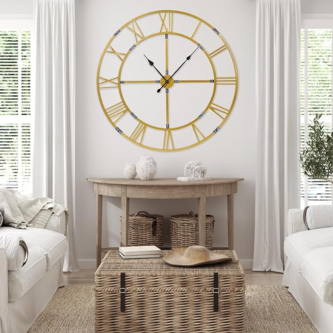 Large Wall Clock for Living Room Decor – 48 Inch Silent Non-Ticking Modern Farmhouse Wall Clock, Oversized Decorative Metal Roman Numeral Clock, Gold
