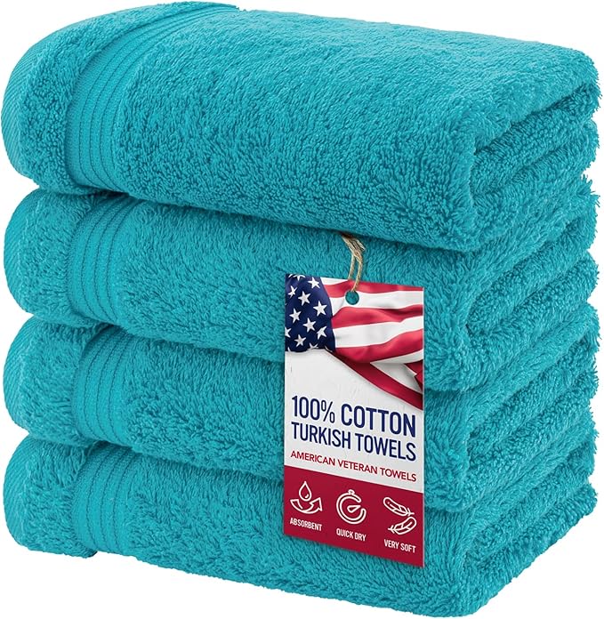 American Veteran Towel, Hand Towels for Bathroom Set of 4, 100% Cotton Turkish Hand Towel Sets Clearance Prime, Soft Hand Face Towels, Aqua Blue Hand Towels