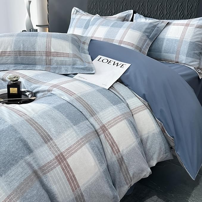 VM VOUGEMARKET Blue White Plaid Duvet Cover Queen,3 Pieces Thick Brushed Cotton Duvet Cover Set,Simple Modern Teen Boys Gingham Bedding Set Without Comforter-90x90 Inch