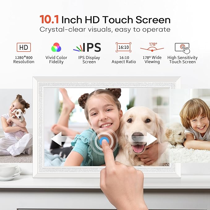 Frameo 10.1" Digital Picture Frame, Smart WiFi Digital Photo Frame with 1280x800 HD IPS Touch Screen 32GB Memory Auto-Rotate Wall Mounted, Share Photos/Videos from Phone Anywhere(White)