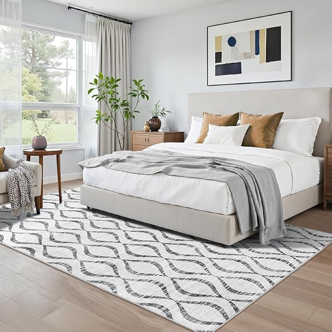 WITSHOCK Area Rugs for Living Room 5x8: Washable Non-Slip Soft Geometric Large Indoor Rug for Bedroom Dining Room, Low Pile Boho Pattern Carpet for Nursery Playroom Decor, Kid & Pet Friendly, Grey