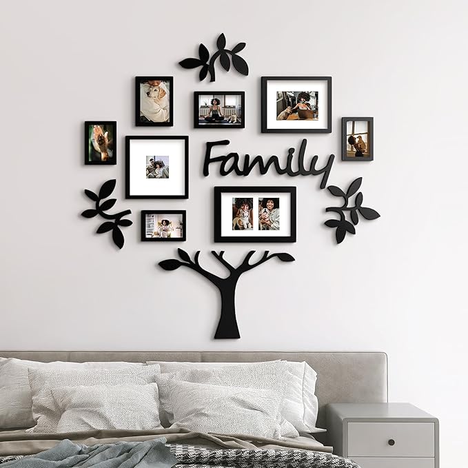 J.M.Deco 13 Pack Family Tree Photo Frame Collection with Lvory Mat Set- Photo Size One 4''x4'' Five 4''x6'' Three 5''x7''- PVC-Wall Mounting Picture Frame for Home Living Room Bedroom 3D Design-Black