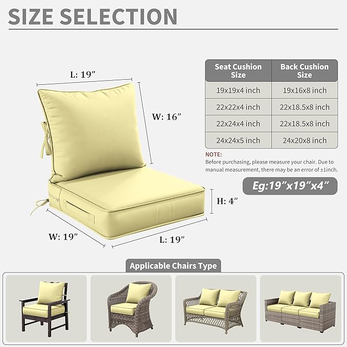 Premium Outdoor Seat Cushion Chair Cushions for Patio Furniture 19 L X 19 W X 4 H Waterproof & Fade Resistant Deep Seat and Backrest Cushion Set with Removable Covers for Chair, Sofa