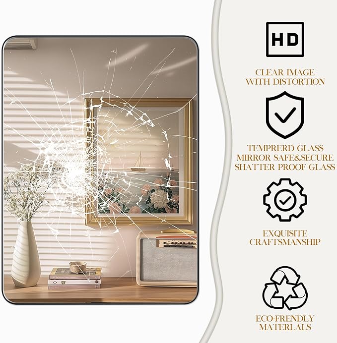 48×30 Black Bathroom Mirror, Rectangular Bathroom Vanity Mirror for Wall with Rounded Corners & Aluminum Alloy Frame, Tempered-Glass, Modern, Farmhouse, Horizontal/Vertical, Entryway, Bedroom